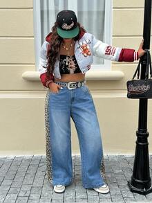 Jeanoix Plus Size Women Casual Wide Leg Patchwork Jeans - Light Wash - View 5
