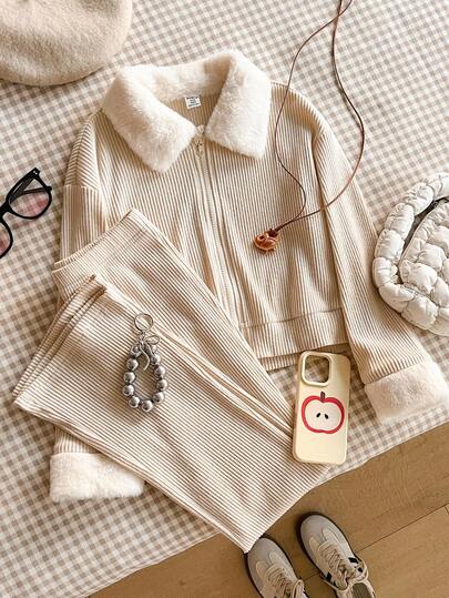 2pcs/Set Girls Fuzzy Collar Cardigan Set, Suitable For Daily Commute, Sports And Casual Wear Fall Winter