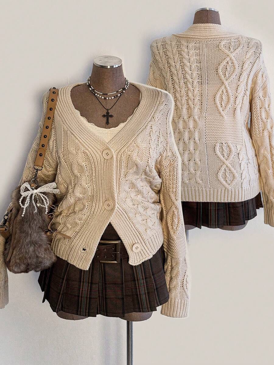 Sunspun Plus Size Women Casual Comfortable Drawstring Chunky Knit Cardigan With Front Button, Suitable For Spring, Autumn And Winter, Back To School Season Fall - Apricot - View 1