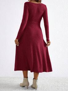 SHEIN 孕妇纯色方领长袖罗纹优雅连衣裙 - 紅色 - 查看 2