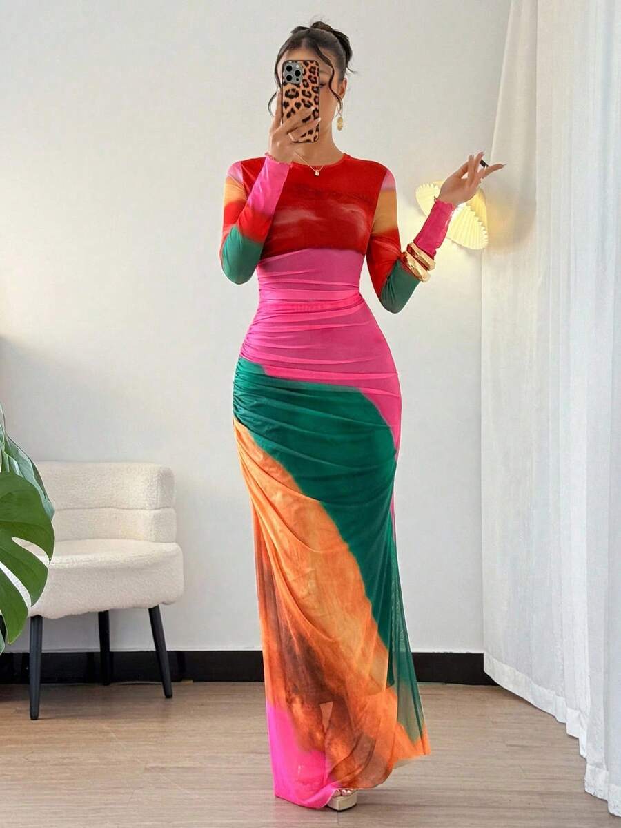 Chiquease Women's Tie-Dye Pleated Dress Maxi Women Outfit Fall Cloth For Women