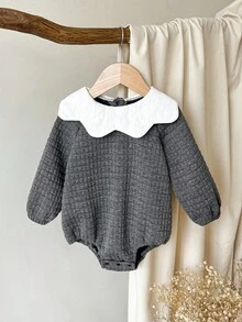 SHEIN Baby Girls' Minimalist Knitted Bubble Jacquard Lantern Sleeve Bodysuit, Suitable For Outings And Gatherings, Autumn/Winter Fall - Dark Grey - View 3