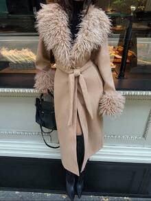 Aloruh Casaco de Lã Mista Feminino com Acabamento de Pele Sintética, Jaqueta Longa de Estilo Boêmio, Corta-Vento nas Cores Cáqui e Bordô para Outono/Inverno