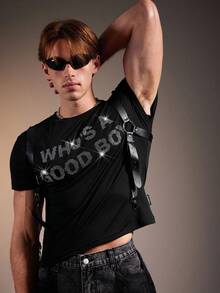 FeverCity Men's Rhinestone Embellished Crew Neck Short Sleeve T-Shirt - Black - View 3