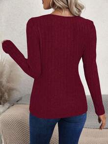 EMERY ROSE Women's Casual Solid Color Round Neck Fitted T-Shirts - Burgundy - View 2