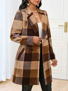SHEIN Lady 女士经典格子驼色大衣，翻领，纽扣开合，装饰点缀，适合秋冬春三季，优雅温暖的冬装女士冬季夹克秋装秋装 - 彩色 - 查看 6