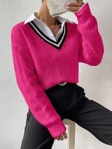 Chiquease Áo len cổ trễ vai màu tương phản thường ngày, Thu/Đông - Màu Hồng Tươi - Xem 4