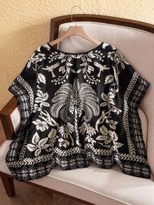 EMERY ROSE Plus Size V-Neck All-Over Print Loose Vacation Shirt For Summer