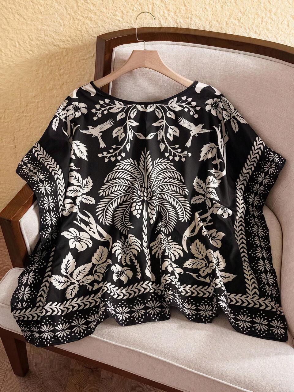 Plus Size V-Neck All-Over Print Loose Vacation Shirt For Summer
