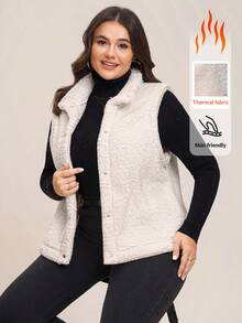 Comfylo 大码女式纯色单排扣休闲羊毛背心夹克，秋冬 - 杏色 - 查看 8