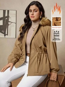 Zelara Herbst Große Größen Damen Einfarbige Raglanärmel Tunnelzug Taille Flauschige Kapuzenjacke, Fliegerjacke, Thermofutter, warm und bequem, Rückenschlitz Design Halloween Kostüme Teddy Jacke Damen Schicke Bomberjacke - Braun - Übersicht 7