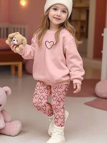 SHEIN 2pcs Heart Pattern Young Girl Casual Loose Sweatshirt & Leggings Set, Suitable For Autumn & Winter
