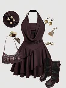 SHEIN MOD 大码复古 70 年代不对称迷你连衣裙，带有荷叶边细节、露背领口、串珠装饰、分层蛋糕下摆和垂坠领口 - 灵感来自 Y2K，非常适合海岛度假、派对、约会、生日庆祝、下午茶和节日，夏季连衣裙、秋季服装，适合外出 - 棕色 - 查看 4