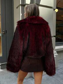 Aloruh Women's Retro Fashion Front Open Faux Fur Collar Jacket, Winter Outerwear,Fall - Burgundy - View 2