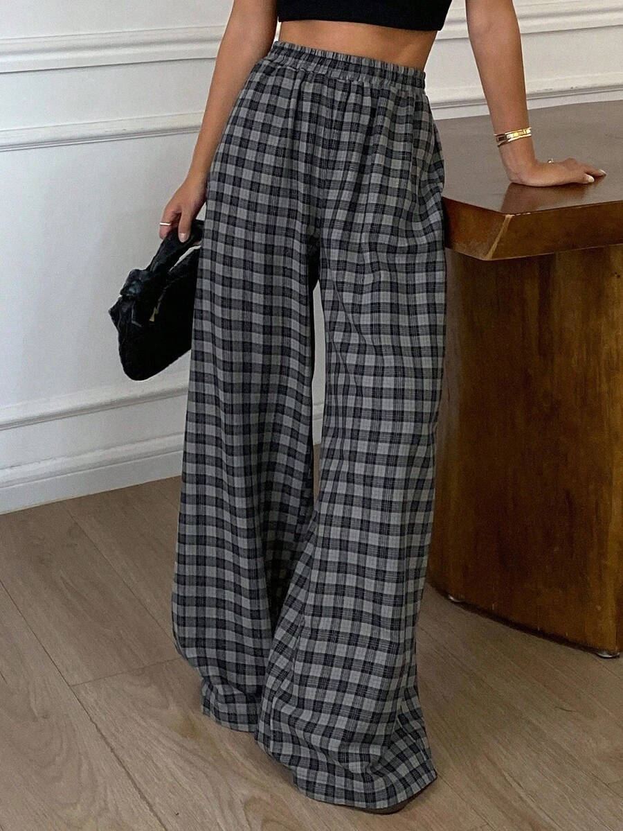 DAZY 女士宽松休闲格子直筒裤，适合商务通勤，简约时尚，秋冬 - 黑色 - 查看 1