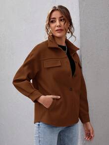 SHEIN Essnce 女式纯色落肩长袖单排扣休闲大衣，秋冬 - 棕色 - 查看 4