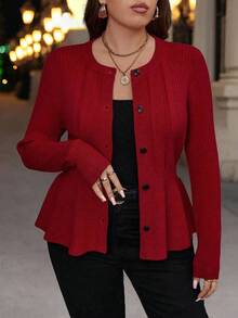 SHEIN LUNE 秋季大码女式纯色长袖单排扣休闲针织开衫 - 紅色 - 查看 2