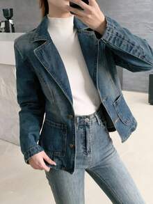 Teen Girl Blue Denim Lapel Long Sleeve Fitted Jacket,Fall Clothes,Autumn Clothes ,Casual And Fashionable Vacation Outfits,Old Money Denim  Jacket Winter - Dark Wash - View 6