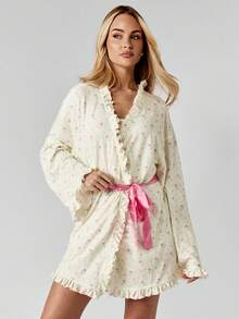 MISSGUIDED Luxury Floral Print Robe Satin Bridal Morning Wedding Robe Ruffle Trim Short Lounge Robe Bridal Dressing Gown With Sash Women's Honeymoon Gift - Multicolor - View 5