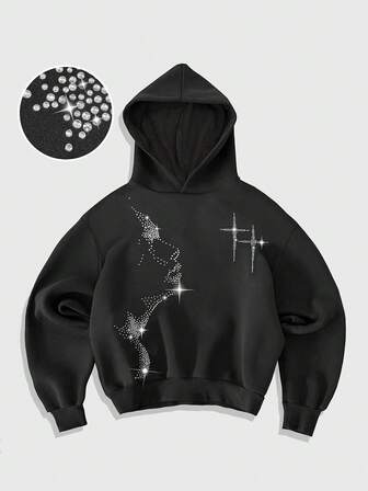 Street Life Men's Rhinestone Embellished Cross Figure Print Casual Loose Fit Hoodie Sweatshirt, Autumn
