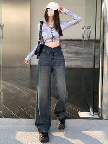 DAZY 女性高腰摺邊水洗牛仔褲 - 深色水洗藍 - 查看 6