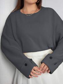 EURMUSE Double Sleeve Button Detailed Oversize Thick Winter Sweater Warm Touch - Grey - View 6