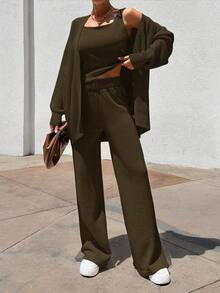 EURMUSE WOMEN 3 PiecesSET TOP CARDİGAN AND PANT - Army Green - View 3