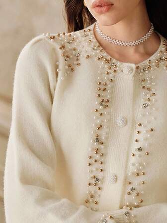 Anewsta Savoree كارديجان نسائي رومانسي مطرز بخرز ثقيل أنيق ومخفف للعمر، للخريف/الشتاء، بياقة مستديرة، أزرار اللؤلؤ أمامية، جاكيت بأكمام طويلة