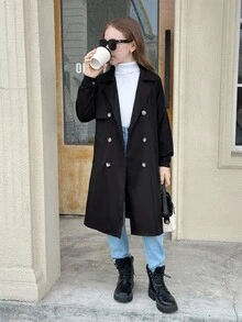 SHEIN 青少年女孩编织休闲百搭时尚纽扣领腰带蝴蝶结口袋宽松长款风衣，休闲军事风格，通勤和户外，返校，秋冬母子搭配，秋季服装，冬季服装