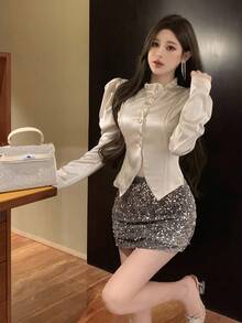 DAZY Blusa de mujer con cuello alto, volantes y mangas abullonadas de unicolor, ropa de mujer de otoño con manga larga - Albaricoque - Ver 3