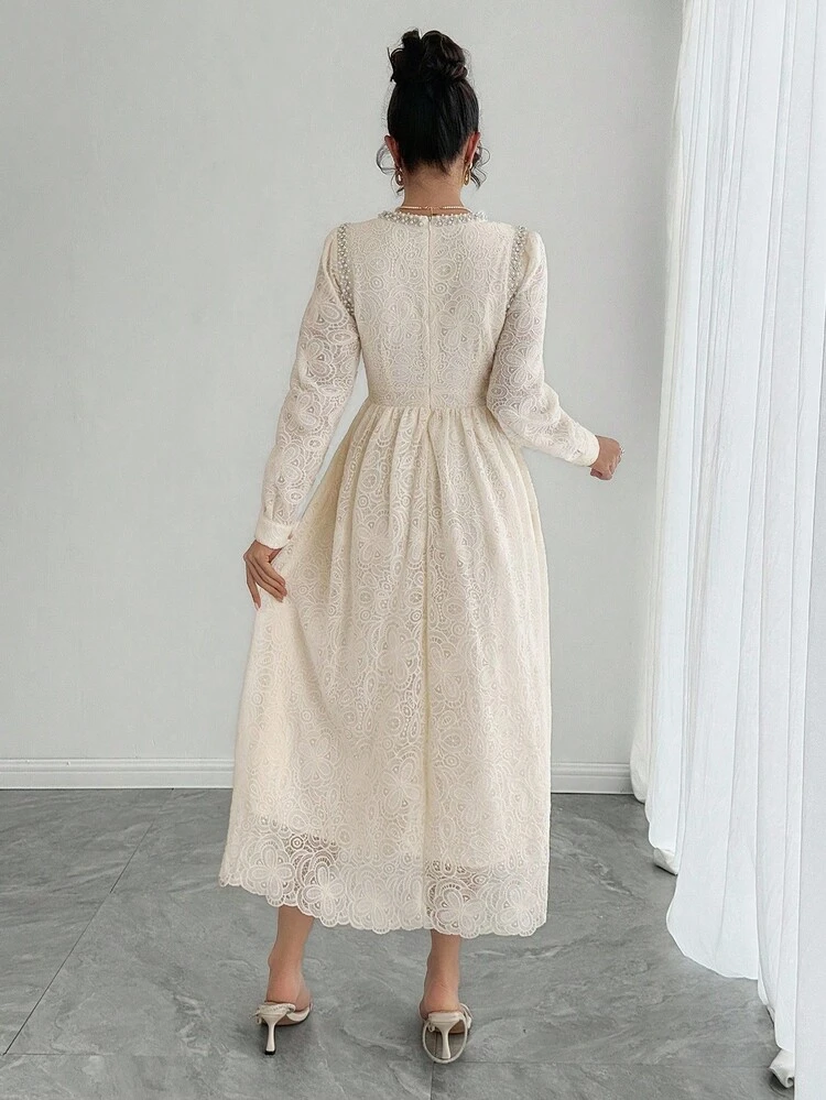 High-End French Lace Long Sleeve Dress, V-Neck Chiffon Elegant Gown, Autumn/Winter New Arrival Dress