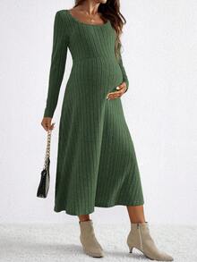 SHEIN Maternity Casual Sage Green Autumn Photoshoot Ribbed Knit Dress,Bump Friendly Solid Color High Waist Midi Dress - Army Green - View 5