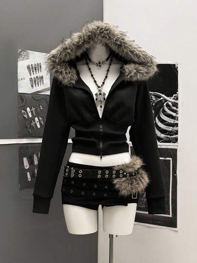 StreetHx Women Streetwear Hooded Fur Collar Fitted Long Sleeve Jacket, Autumn