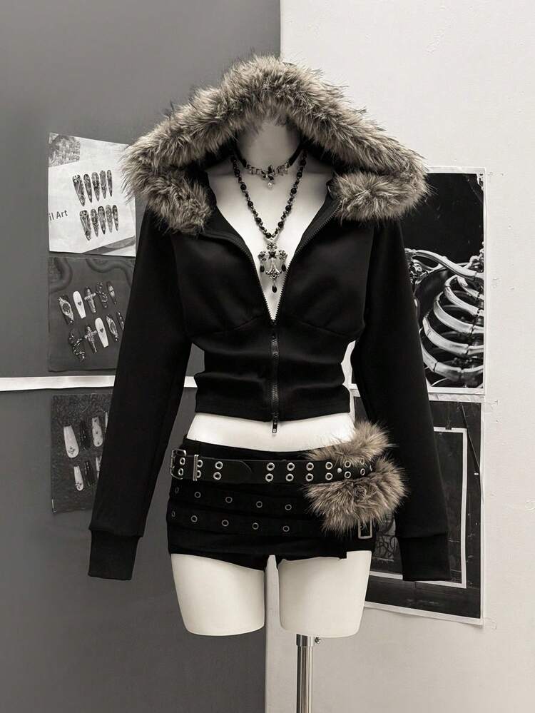 StreetHx Women Streetwear Hooded Fur Collar Fitted Long Sleeve Jacket, Autumn - Black - View 1