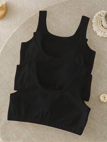 3件套女童纯白色休闲简约棉质软垫文胸套装，秋冬季女童内置文胸背心，3件装可爱黑色上衣 - 黑色 - 查看 6