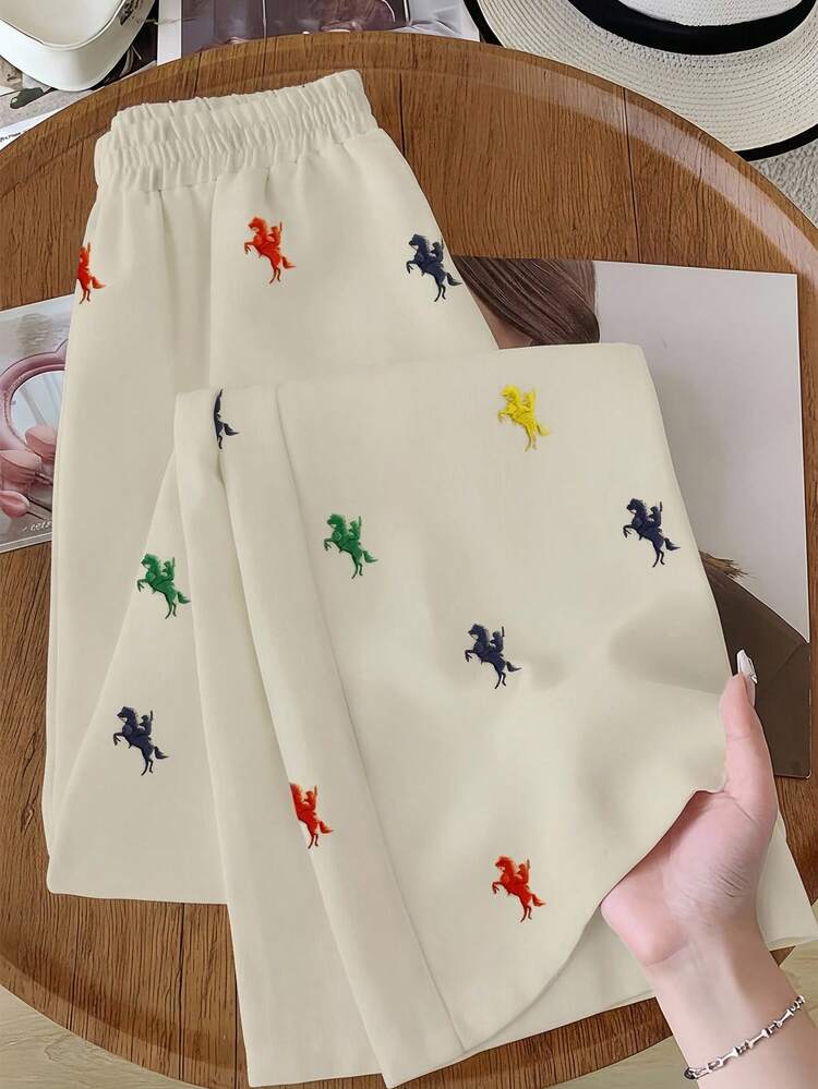 White Cropped Wide-Leg Pants With Colorful Figure Details For Women Fall Clothes Winter Clothes