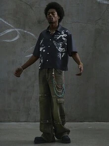 Manfinity ZONE917 Camisa corta y holgada con estampado de ángel de Los Ángeles gótico para hombre - Negro - Ver 5