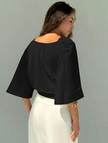 Aloruh Áo thun chui đầu màu trơn cổ chữ V trễ vai tối giản mới, nhún eo, đa năng khi đi làm Áo đen - màu đen - Xem 3