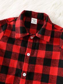 SHEIN 2 件套男婴格子领衬衫和黑色灯芯绒背带裤套装，柔软舒适的百搭服装，适合秋冬季居家和外出