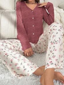 CottageSlumber Women's Simple Solid Color Button-Front Long Sleeve Top And Long Pants Pajama Set Holiday Season, Cozy And Elegant Details, Fall Winter Clothes - Red - View 7