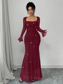 Rafferiza Đầm Maxi Dài Tay Xòe Xếp Ly Cổ Bất Đối Xứng Ôm Sát Thân Trước & Bên Hông Thanh Lịch Cho Nữ Màu Đen, Thu/Đông, Chất Liệu Vải Lưới Dệt Kim Jacquard Có Viền Bạc - Màu Đỏ Sâu - Xem 7