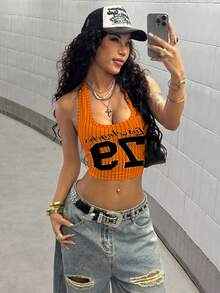 StreetHx Striped Print Street Style Tank Top - Orange - View 6