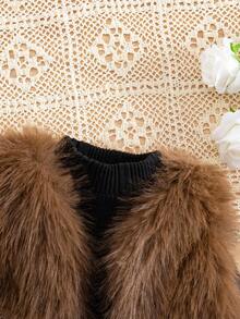 SHEIN Babygirl Cute & Elegant Fuzzy Knit Long Sleeve Dress Set, Autumn/Winter Fall Babygirl Versatile Casual Cute Elegant Lady Plush Knitted Long-Sleeved Ribbed Texture Dress Plush Coat Set 2 Pieces, Autumn And Winter, Brown Plush Coat And Black Dress, Versatile Autumn And Winter Warm Fashion, Cutting-Edge Fashion Design Can Be Worn Indoors And Outdoors, Care For Baby's Skin, Mother's Shopping First Choice Suitable For Indoor And Outdoor, Daily, Sports, Play, Party, Photo, Vacation, Festival