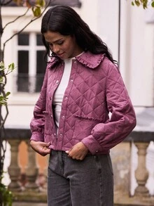 lacRébo Spring Summer Dusty Pink Quilted Jacket With Ruffled Collar And Button Front Winter Women Clothes Spring Summer Purple Jacket Women Jackets - Purple - View 4