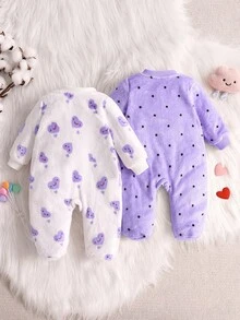 Loomiva 2 件装女婴秋冬波尔卡圆点和心形印花羊毛连帽长袖拉链连脚连体衣睡衣