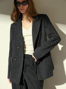 Aveloria Modichic 羊毛条纹双排扣简约优雅女士西装套装，秋冬 - 彩色 - 查看 4