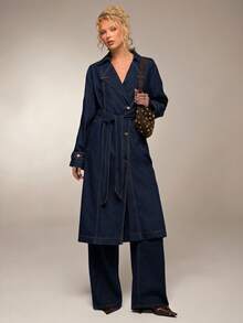 Avantive Retro Commuting Elegant Casual High Street Dark Blue Washed Long Long-Sleeved Denim Jacket Trench Coat Casual Fall Clothes For Women - Dark Wash - View 8