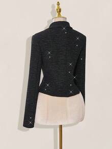 SHEIN ICON Women's Slim Fit Shiny Fabric PU Collar Patchwork Blazer Jacket In Fall/Winter - Black - View 7