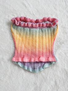 Soleia 渐变色荷叶边针织露肩短款上衣，舒适度假/音乐节/波西米亚/节日风格，适合约会，情人节下午茶 - 彩色 - 查看 2