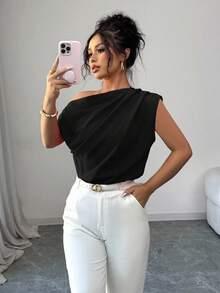 Elenzga Women Elegant Commuter Solid Color Ruffle Shoulder Blouse